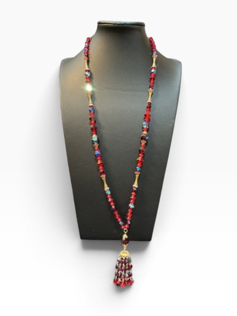 Vintage Red Glass AB Bead Tassel Necklace Gold Tone Statement 17” Unsigned